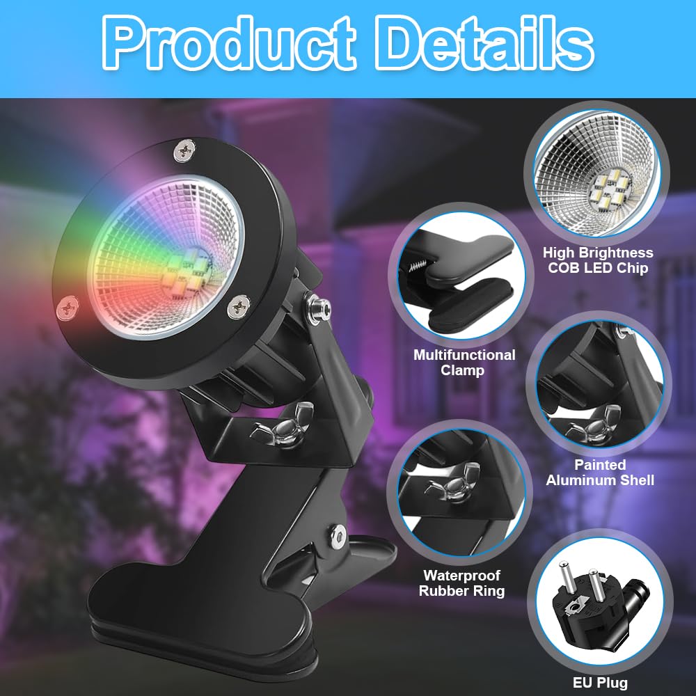 Foco LED de Pinza, 6W con Mando a Distancia & Interruptor Impermeable, Cable 3m & Enchufe EU, IP65 Resistente al Agua, Iluminación Interior Exterior Jardín Terraza, 15 Luz RGB + Luz Cálida