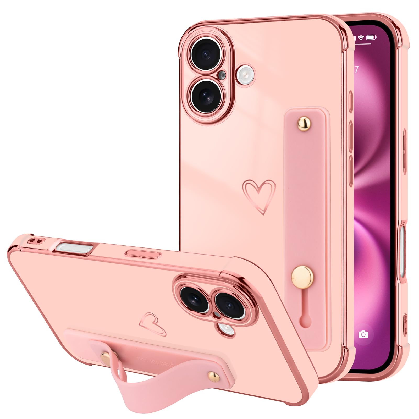 LLZ.COQUE for iPhone 16 Plus Case for Women Girls, Bling Luxury Plated Bumper with Cute Love-Heart Design, Adjustable Hand Strap Stand, Raised Edges