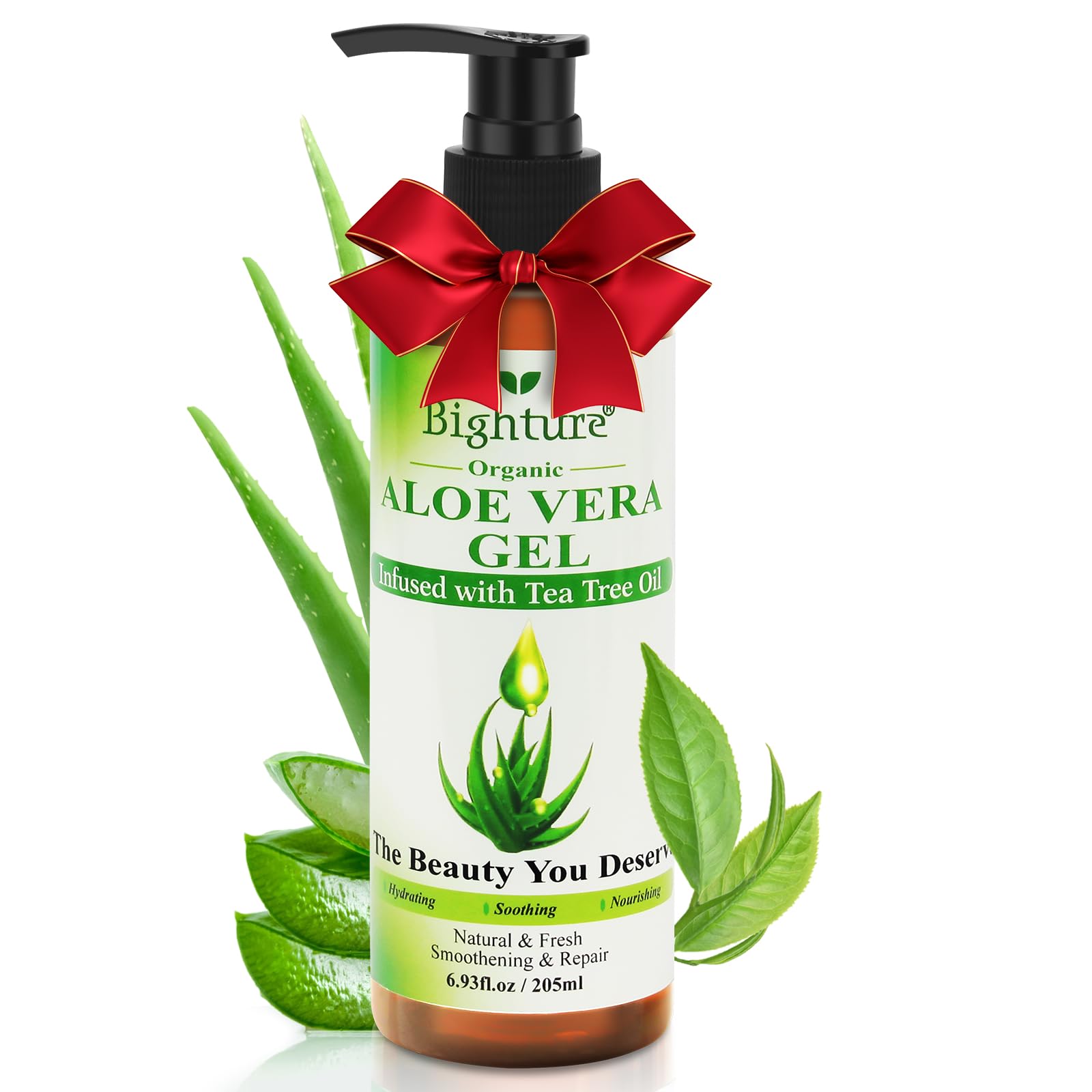 BIGHTURE Aloe Vera Gel with Tea Tree Oil for Face & Body, Freshly-cut Aloe Vera Gel Ideal for Skin, Scalp, & Hair Hydration, Calming Moisturizer for