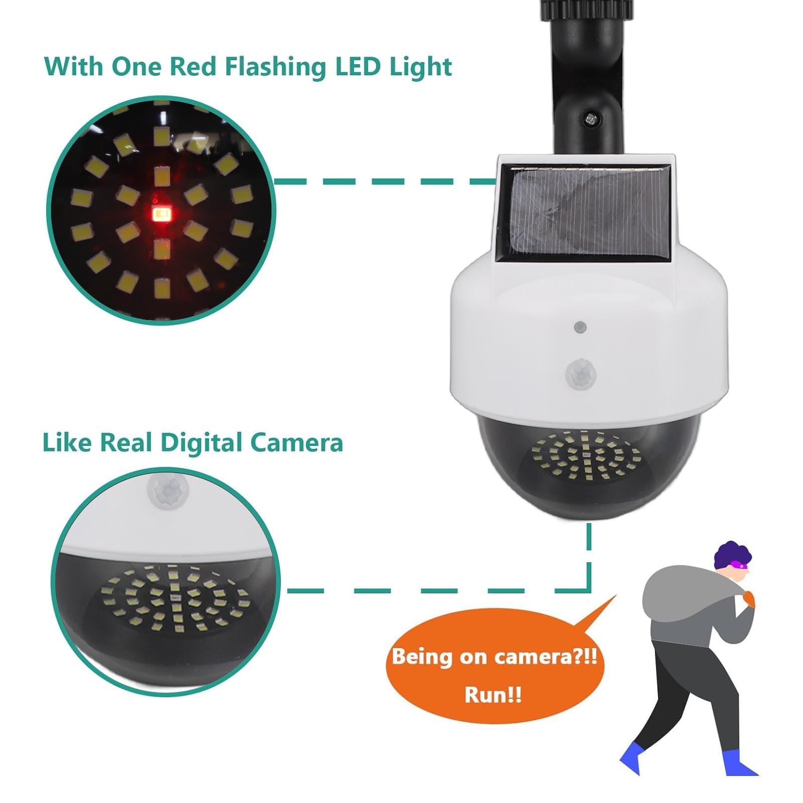 Zerodis Fausse Caméra Solaire Factice de sécurité Extérieure, Caméra de Surveillance Simulée à énergie Solaire pour Intérieur et Extérieur – Dissuadez Les Criminels et Protégez Votre
