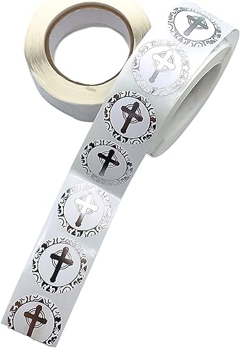 SUPIA Paquete de 2 rollos de calcomanías de cruz cristiana en total de 500 unidades, etiquetas redondas de diseño con acabado de lámina dorada,