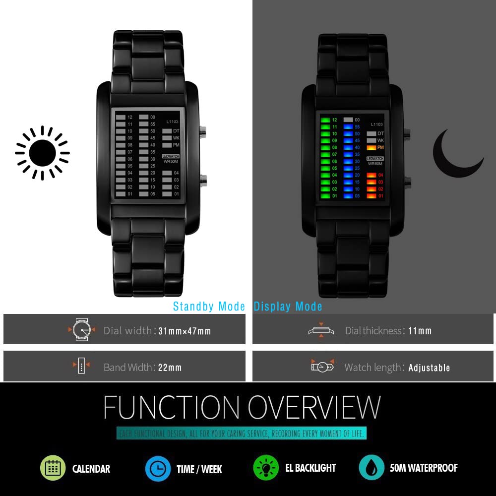 Fashion Unico Binario Relojes de Pulsera Unisex 50M Impermeable Fecha Multicolor LED Luz Outdoor Deportivo Digitales Electrónica Rectangular Acero Inoxidable Reloj, Negro