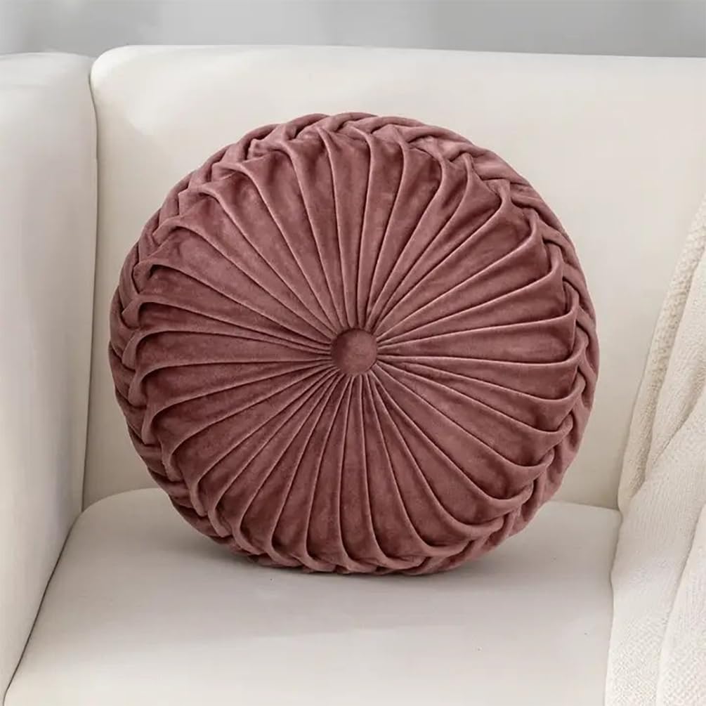 Fennco Styles Burgundy Velvet Pintucked Filled Throw Pillow 15" Round - Luxurious Decorative Accent Cushion for Home, Living Room, Bedroom and Holiday Décor (Burgundy)