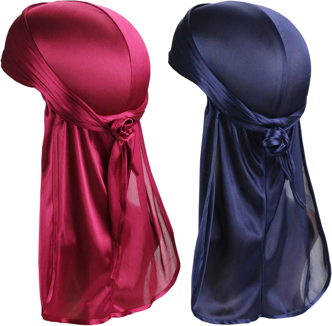 Silky Soft Durag (2PCS) with Extra Long Tail and Wide Straps Headwrap Du-Rag for 360 Waves,Free Size,Wine Wine+navy Navy