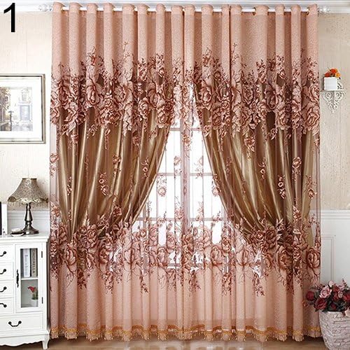 Home Door Window Balcony Modern Luxury Flower Printed Sheer Tulle Voile Curtain - Coffee 1m by 2m
