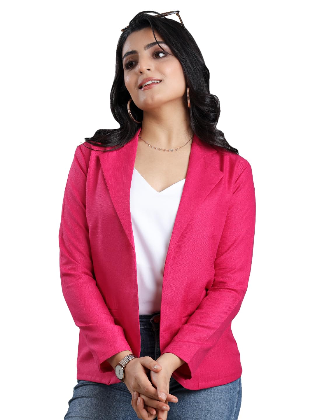 Rangriti Fabcurate Stunning Elevated Pink Workwear Blazer for Women | Notched Neck with Full Sleeves Jacket for Ladies | Fashionable Casual Wear in pink