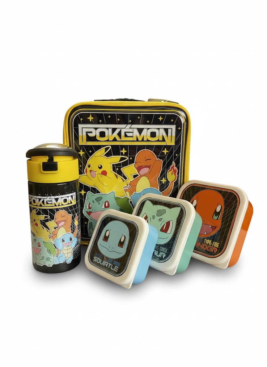 Pokemon 5-Piece Lunch Set | Kids Lunch Bag, 450ml Lockable Water Bottle | 3 Nesting Snack Boxes Different Sizes Featuring Chamander, Bulbasaur & Squirtle | School Lunch Kit for Kids