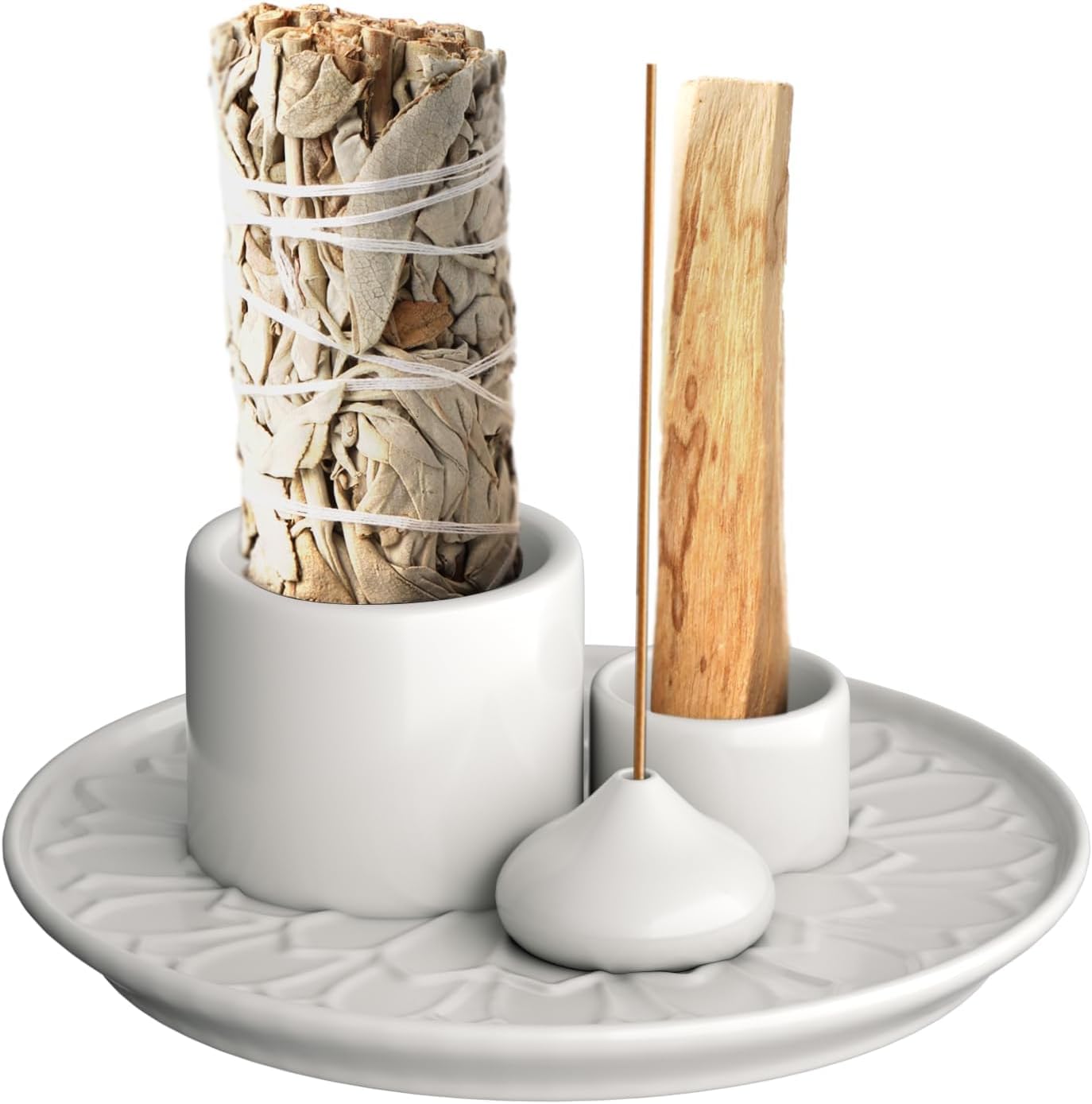 4-in-1 wierookschaal voor elk wierook, wierookstokjes, Palo Santo, witte salie, wierookstokjes en kaarsenhouder, keramische asopvanger, dienblad voor meditatieruimte, yoga, wit