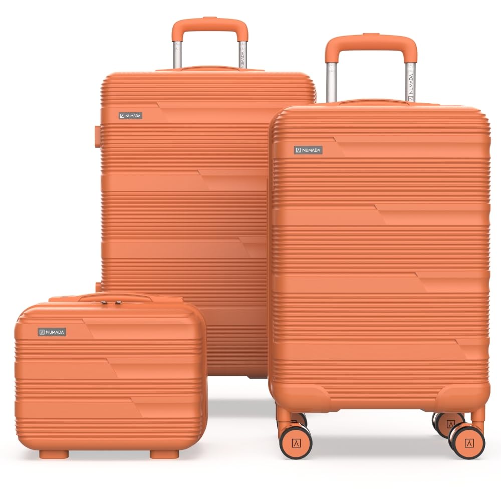 NUMADA - Juego de Maletas de Viaje 3 pzs Upfly T10 ABS. Cabina 55x40x20, Mediana 66x44x26 y Neceser Compartimentado. Set Maletas de Viaje Seguras y Resistentes | Naranja