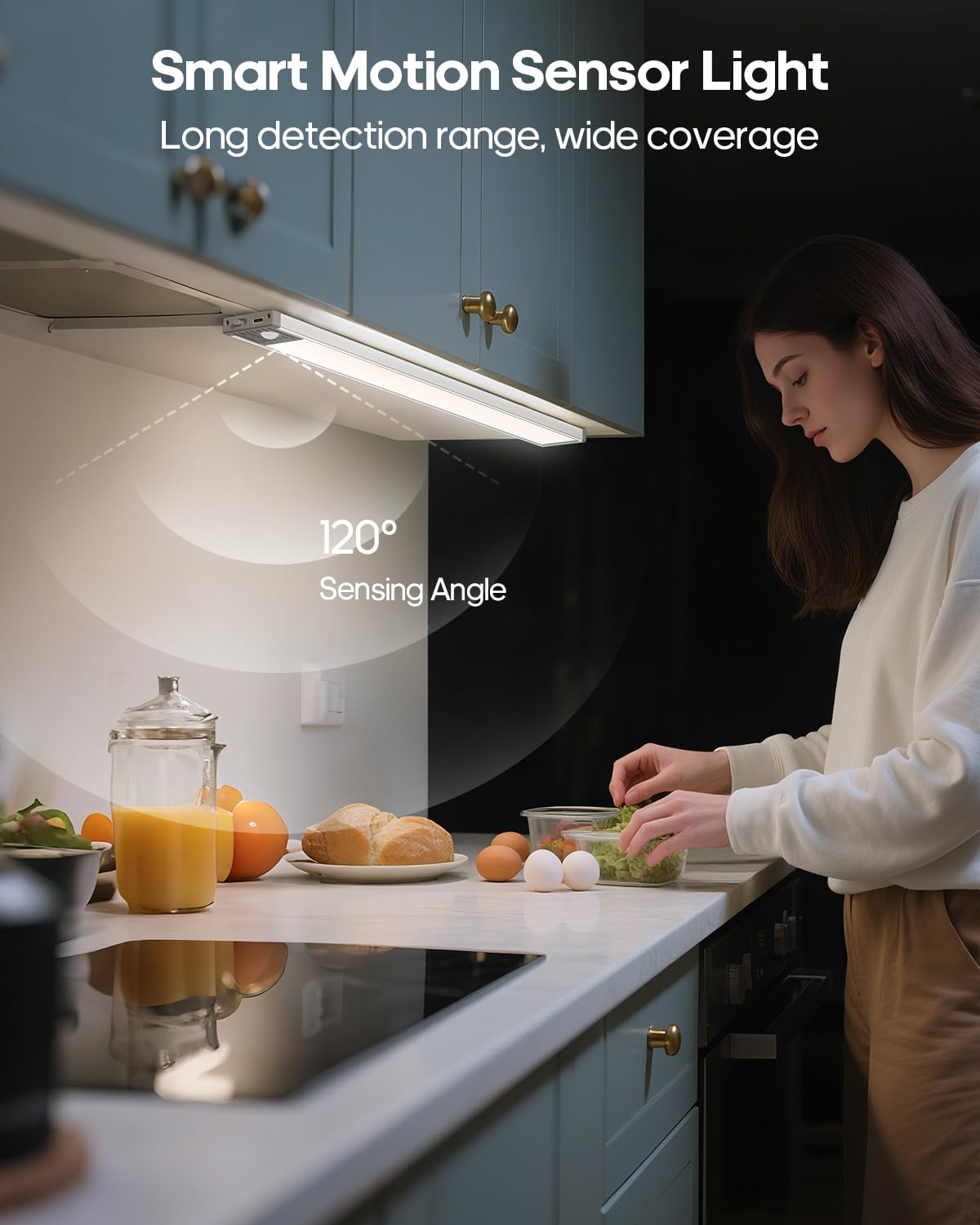 Iluminación de armario inalámbrico con detector de movimiento, batería de 2800 mAh, 50 ledes, 3 colores, regulable, iluminación para armario de cocina, armario, escaleras, luz magnética [1 pieza]