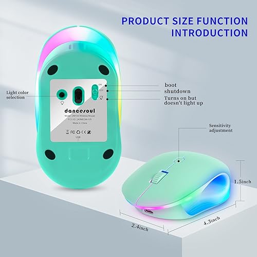 Miniatura 6 de DANCESOUL Mouse inalámbrico con botón de cuero, mouse para laptop, mouse RGB con luz colorida, mouse delgado y silencioso recargable, mouse USB C,