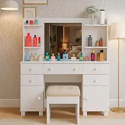 Penteadeira Camarim Com Prateleiras e Espelho 5 Gavetas 2 Portas Espaçosa Organizadora de Maquiagem Com Banqueta