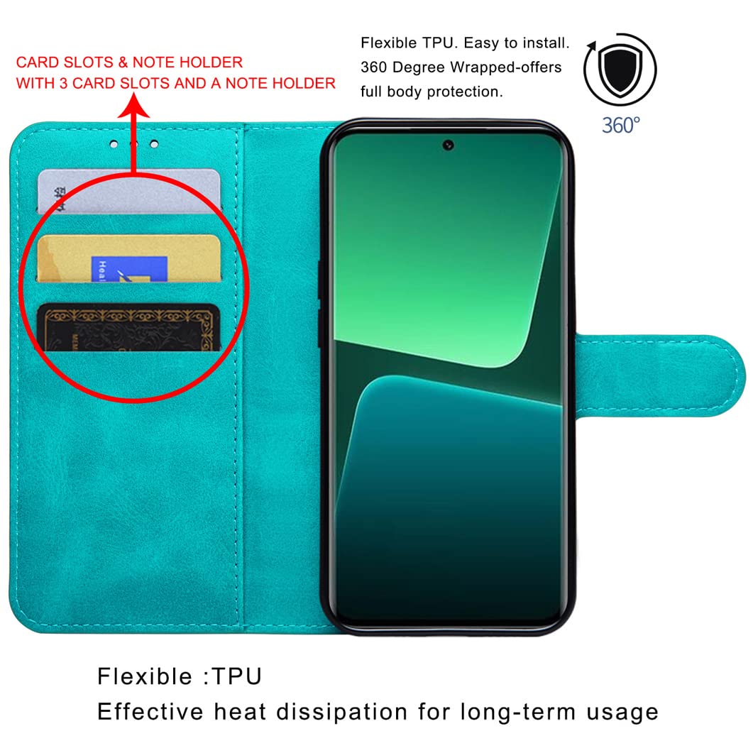 Skórzane etui do Xiaomi 13/13 Pro, portfel z funkcją blokowania RFID, etui z klapką, podpórka, magnetyczne etui odporne na wstrząsy, ochrona przed upadkiem, zielony, 13