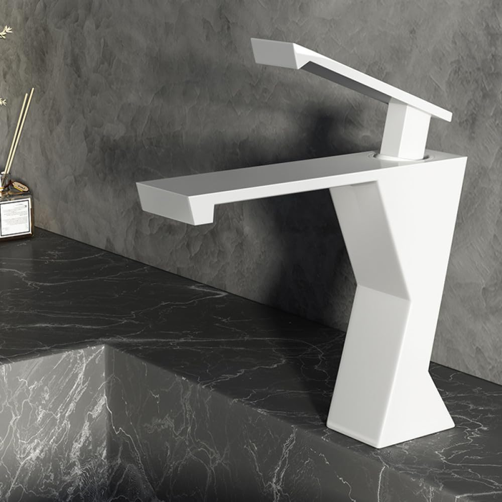 Grifo De Lavabo Cascada De Baño Mezclador De Agua Fría Caliente Grifo De Lavabo Recipiente De Una Sola Manija Grúa,Blanco