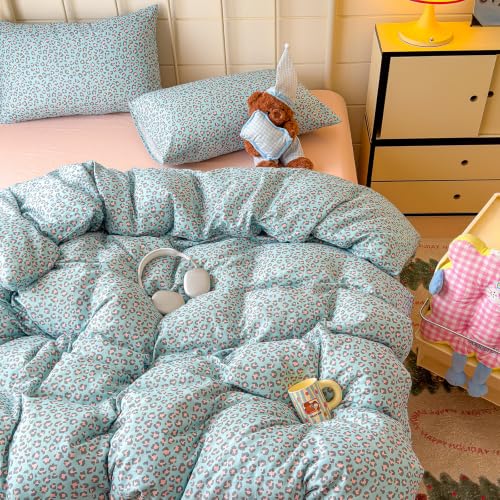 Image of VM VOUGEMARKET Leopard Duvet Cover Set Twin,Light Blue Pink,Muslin Cotton