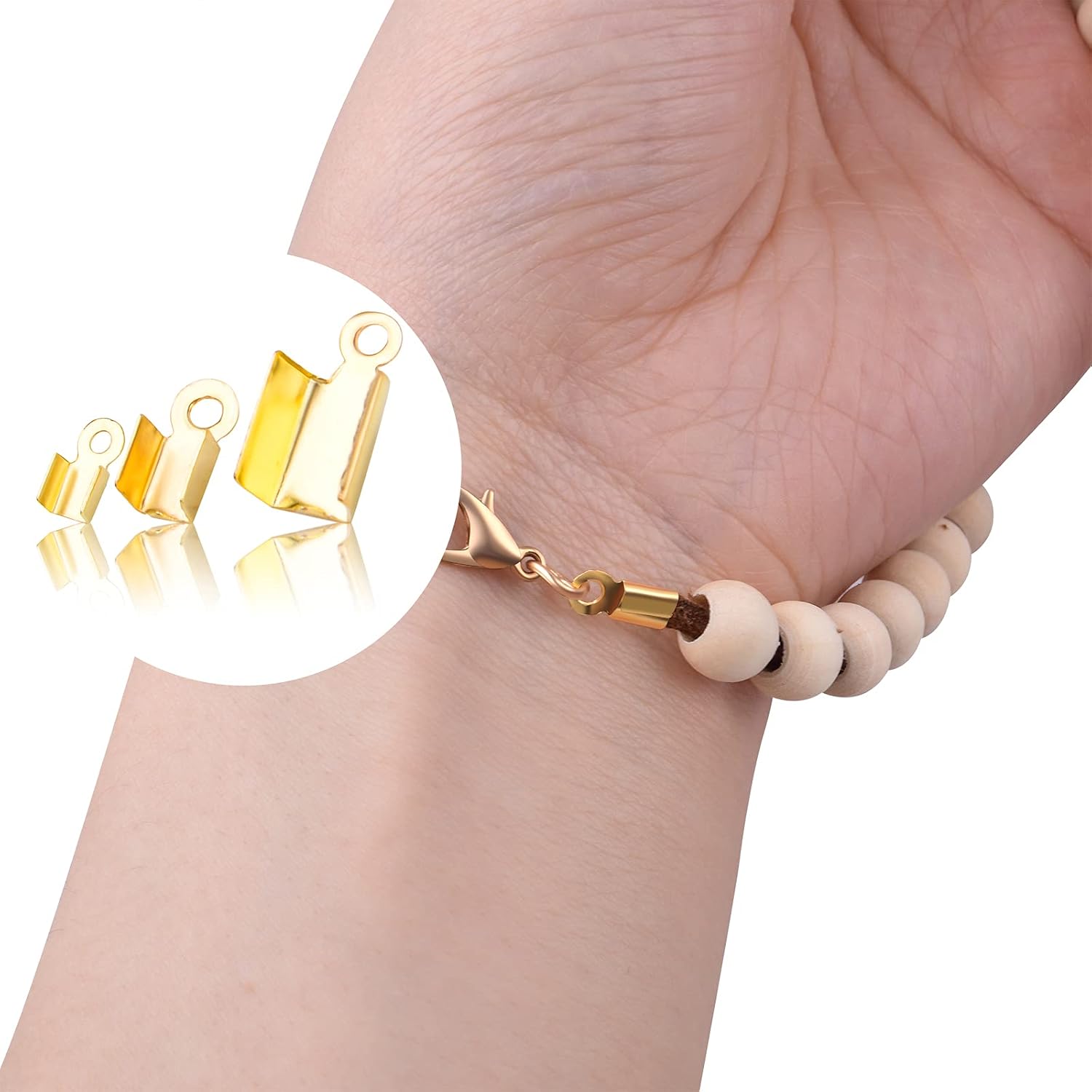 600pcs 3 Sizes Gold Plated Fold Over Cord Ends Metal Fold-Over Crimp End Caps Leather Ribbon Ending Terminators Clamp End Tips Jewelry Connector for Jewelry Making Accessories