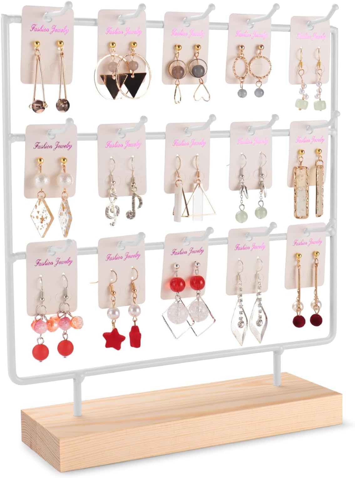 shidaishiye Earring Display Stand for Selling, Wood Earring Rack Tower Display Holder Stand (3 Tier,15 Hooks, White)