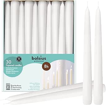 BOLSIUS Long Household White Taper Candles - Bulk pack of 30 Count - 10-inch Unscented Premium Quality Wax - 8 Hour Long Burning Dripless Candles for Home Décor, Wedding, Parties and Special Occasions
