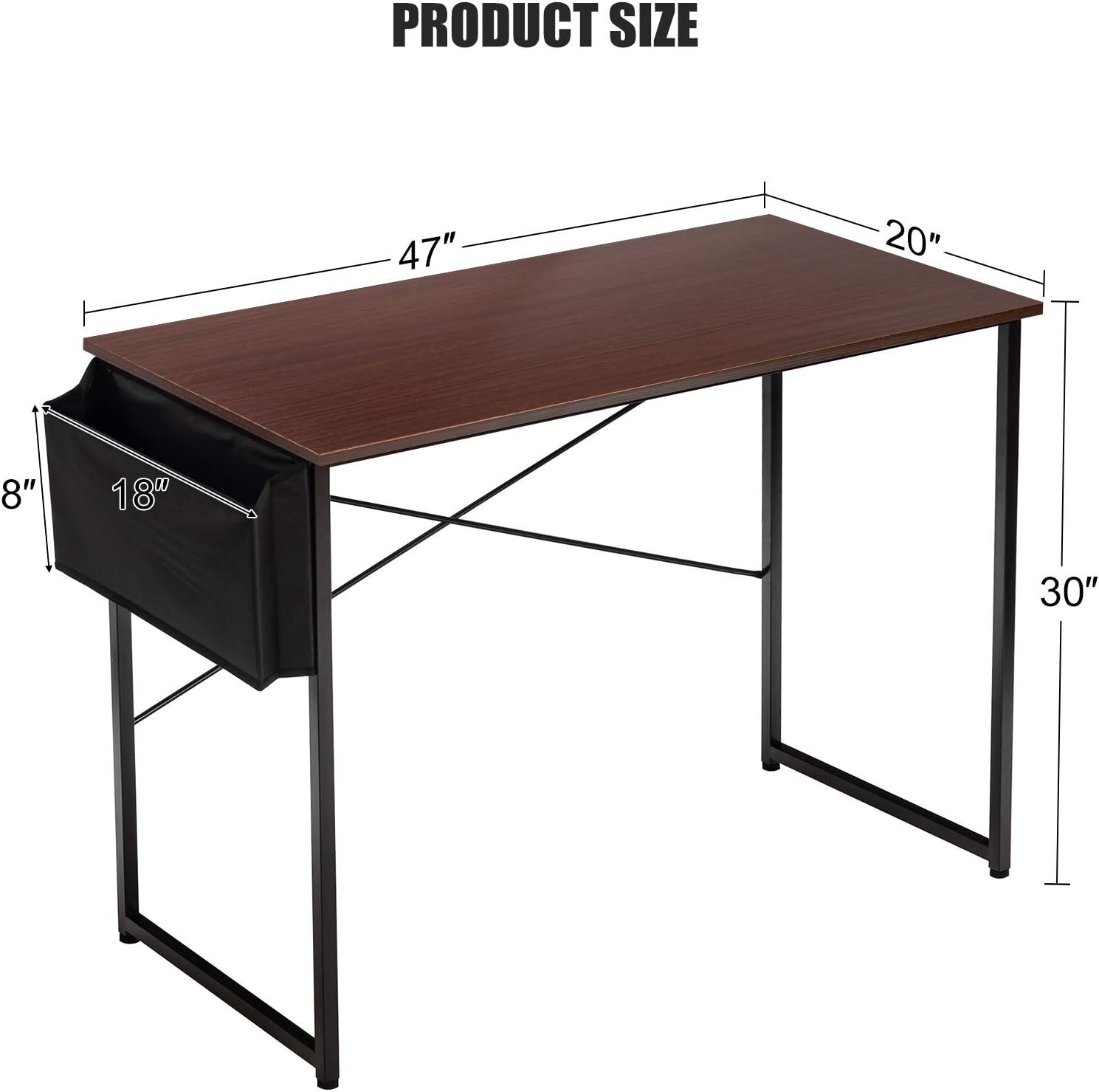 Computer Desk Table, 47" Home Office Computer Desk with Storage Bag, Study Desk Writing Desk for Small Space, Bedroom, Living Room (Dark Brown)