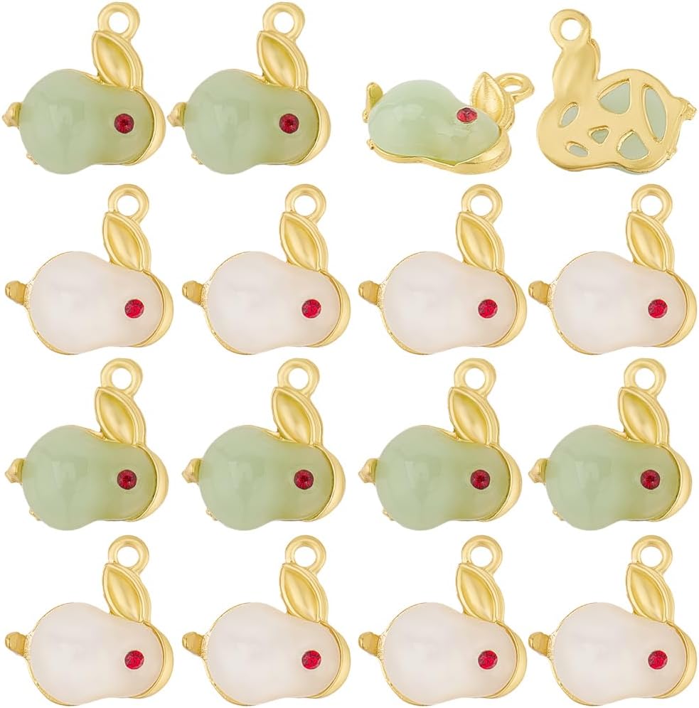 SUNNYCLUE 1 Box 20Pcs Rabbit Charms Imitation Jade Charm Bulk Gold Alloy Enamel White Green Glass Bunny Shaped Bead Inlaid Pendants for Jewelry Making Necklaces Earrings DIY Crafts Easter Supplies - Image 7