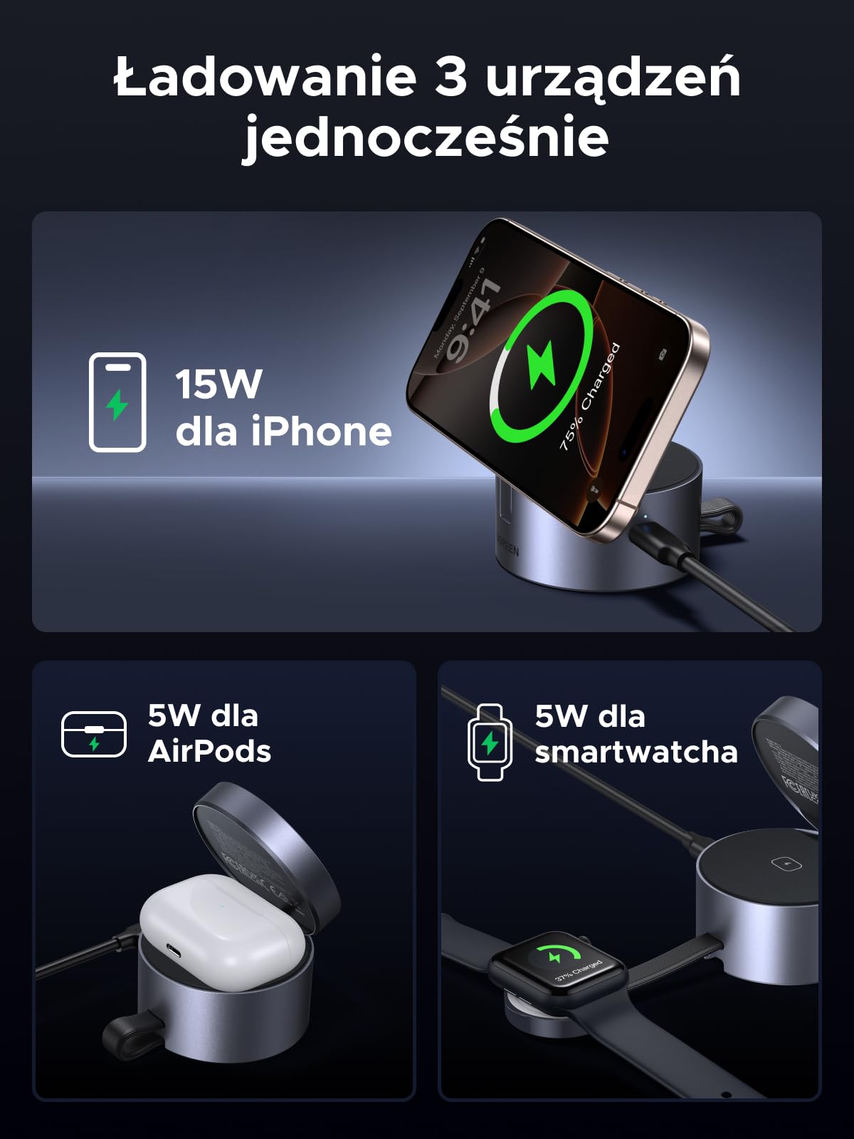 UGREEN MagFlow Qi2 15 W, magnetyczna ładowarka bezprzewodowa 3 w 1 z MagSafe | Kompatybilny z iPhone 17 16 15 14 13 12 Air Plus Pro Max AirPods 4 3 Pro 3 2 1 iWatch, regulowany, z ładowarką 45 W