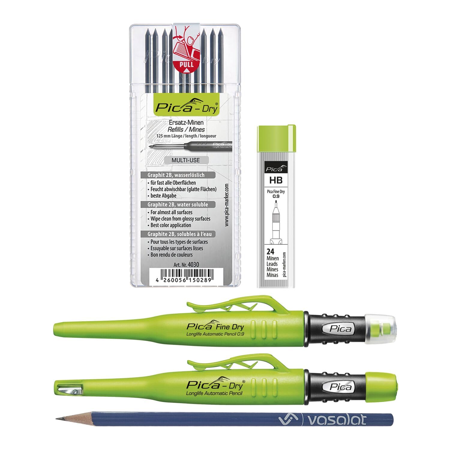 vasalat Pica Marker Set - Pica Fine Dry 0.9 + Pica Dry + 10 Stück Ersatzminen graphit 2B Multi-Use + 24 Stück Ersatzminen graphit HB