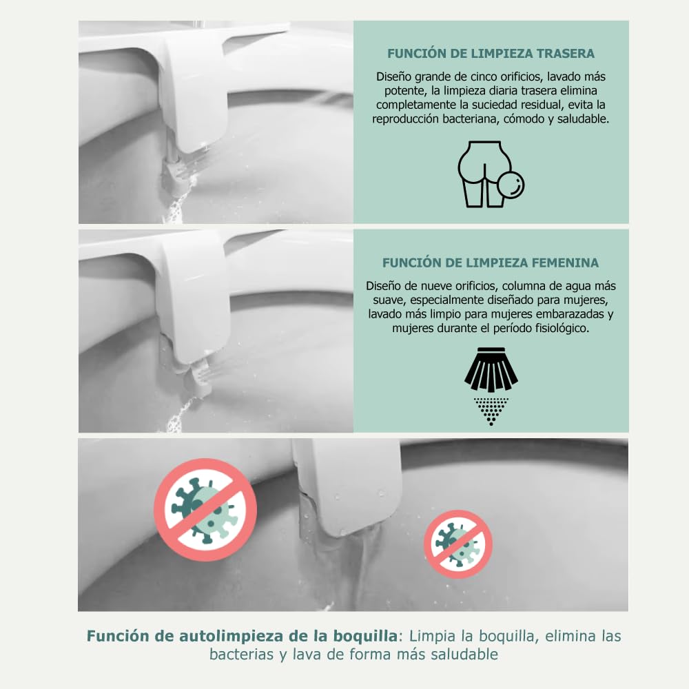 BENESS | Ducha Bidé De Botón Desmontable Sin Electricidad | Accesorio Delgado Para Baño | Fácil Instalación | Doble Pulverizador Frío Ajustable | Autolimpieza Integrada | Higiene íntima Y Ecológica