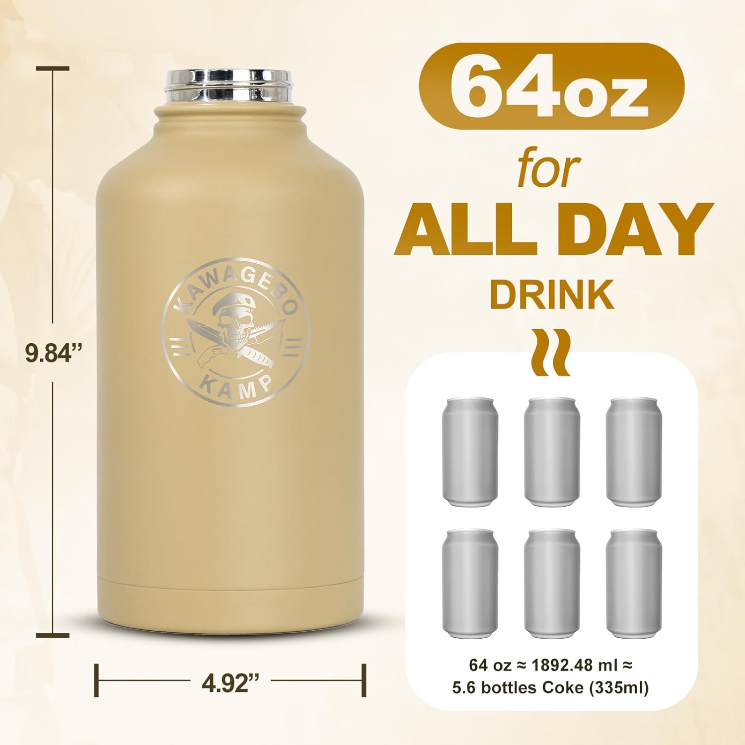 Half Gallon Water Bottle with Straw - 64 oz Stainless Steel Insulated Water Jug, Sport Bottle with 3 BPA Free Lids, Paracord Handle, Strap, Molle System for Outdoor Gym Hiking - Khaki - Image 7