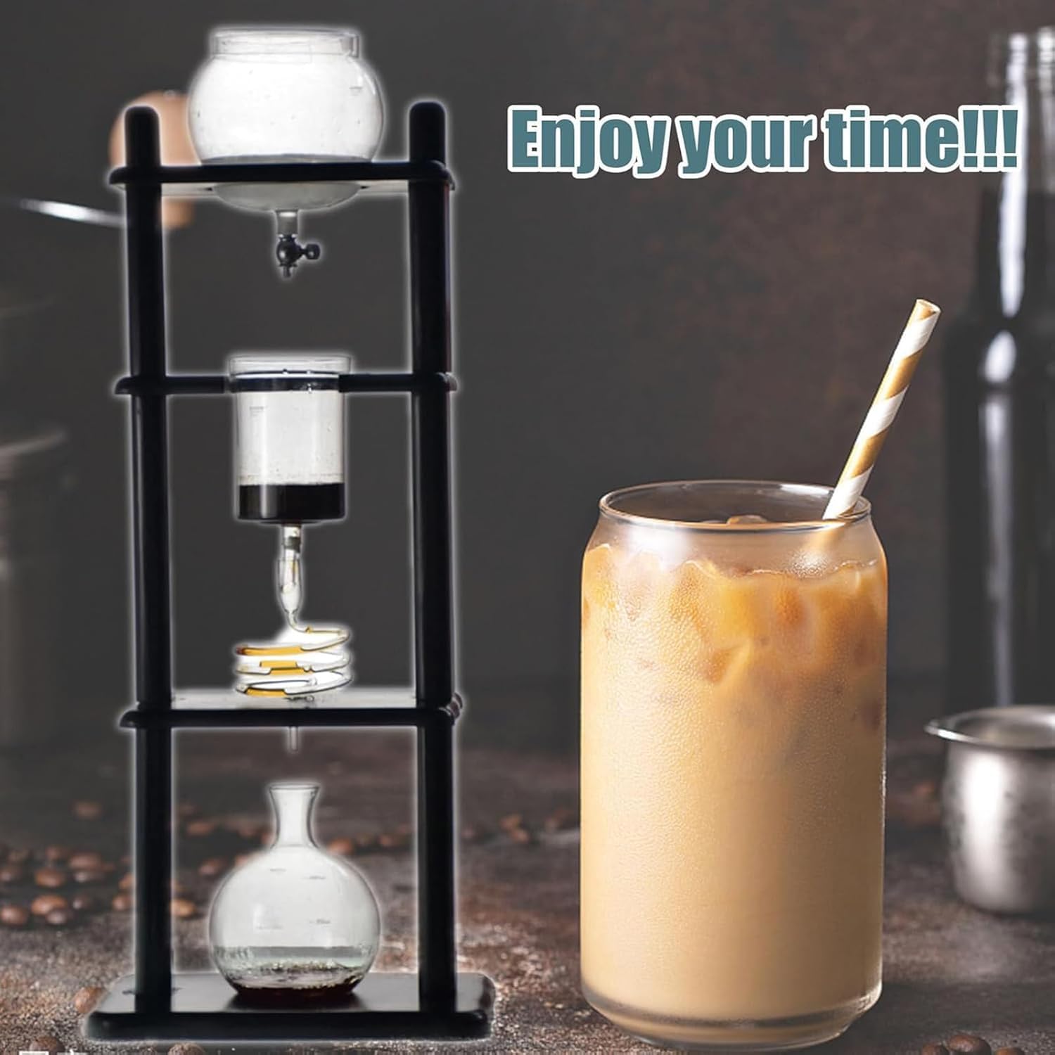 Cafetera De Goteo En Frío, Cafetera Japonesa De Goteo Lento Para Café Frío, Marco Recto De Madera Negra, Gran Capacidad Para 5-8 Tazas, Torre De Café Helado Para El Hogar, Comercios Y Oficinas.