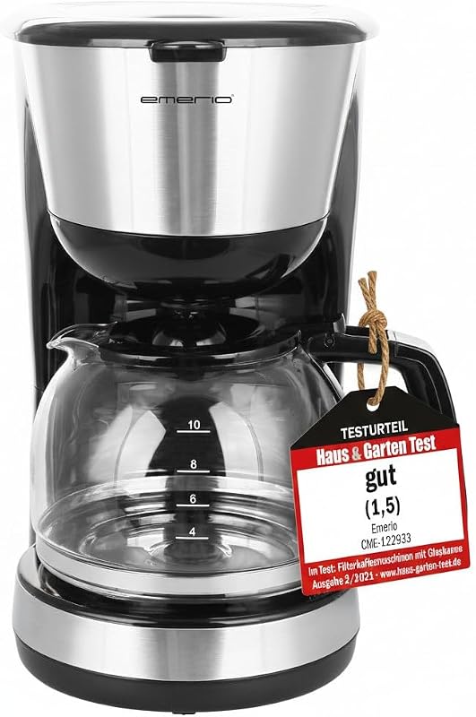 Emerio CME-122933, Filter Coffee Machine, 1.25 L for up to 10 Cups of Fresh Coffee, Removable Permanent Filter, Anti-Drip Function, Glass Coffee Pot, Auto-Off, 1000 Watt, Black/Silver