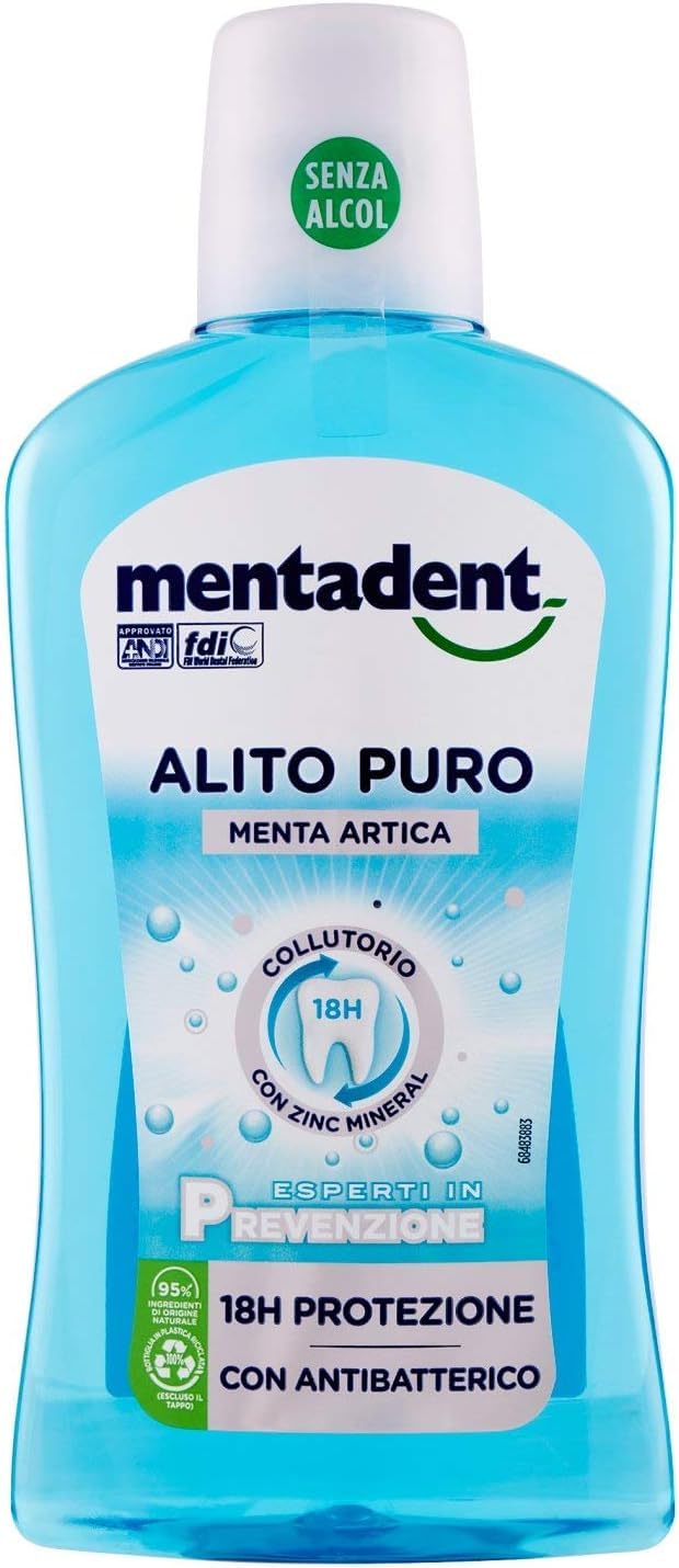 4 x MENTADENT Collutorio Alito Puro – Collutorio quotidiano per igiene orale, effetto fresco intenso, protezione di denti e gengive, 500 ml + portachiavi Beni Culinari gratuito