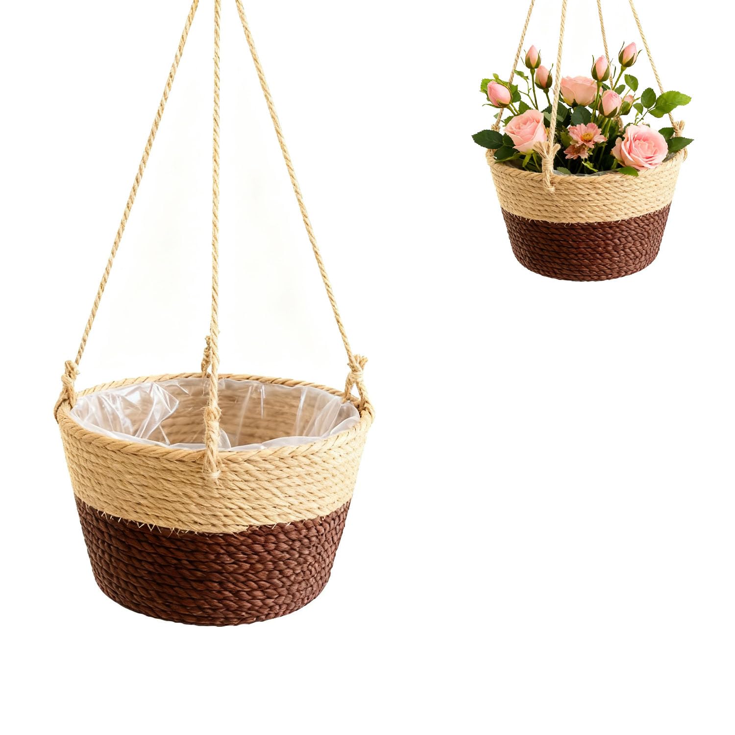 Pot De Fleurs Tissé Panier, Suspendu Panier Tissé, Panier Suspendu de Plantes, Plante Suspendu Paniers de Fleurs, pour Plantes, Intérieure ou Extérieure (Café)