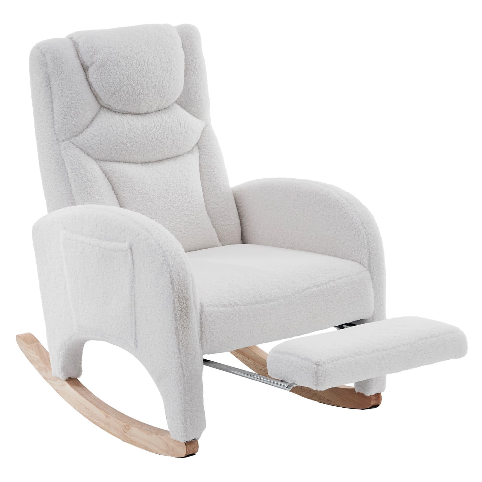 KOMHTOM Fauteuil à Bascule avec Repose-Pieds Escamotable, Fauteuil de Salon avec Structure en Bois et Poche de Rangement Latérale, Tissu Peluche Teddy (Blanc)
