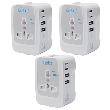 Ceptics Travel Adapter India to Europe, USA, UK, Australia, Africa, Chile, Italy, UAE & World Travel Plug Adapter, Safe Compact & Powerful USB Adapter (Universal Travel Adapter with Type C, 3-Pack)