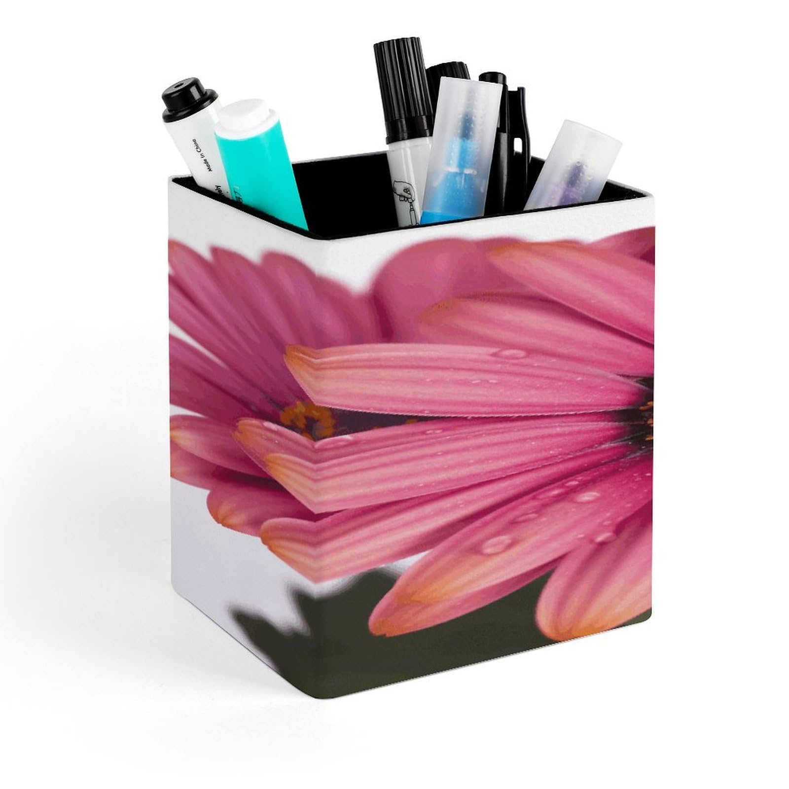 FekiLoot Pink Daisy Flower Pencil Holder for Desk Square Leather Pen Holder Cup Desktop Organizer Multi-Functional Pencil Cup Holders Modern Decorative Desk Organizer Caddy Makeup Brush Holders