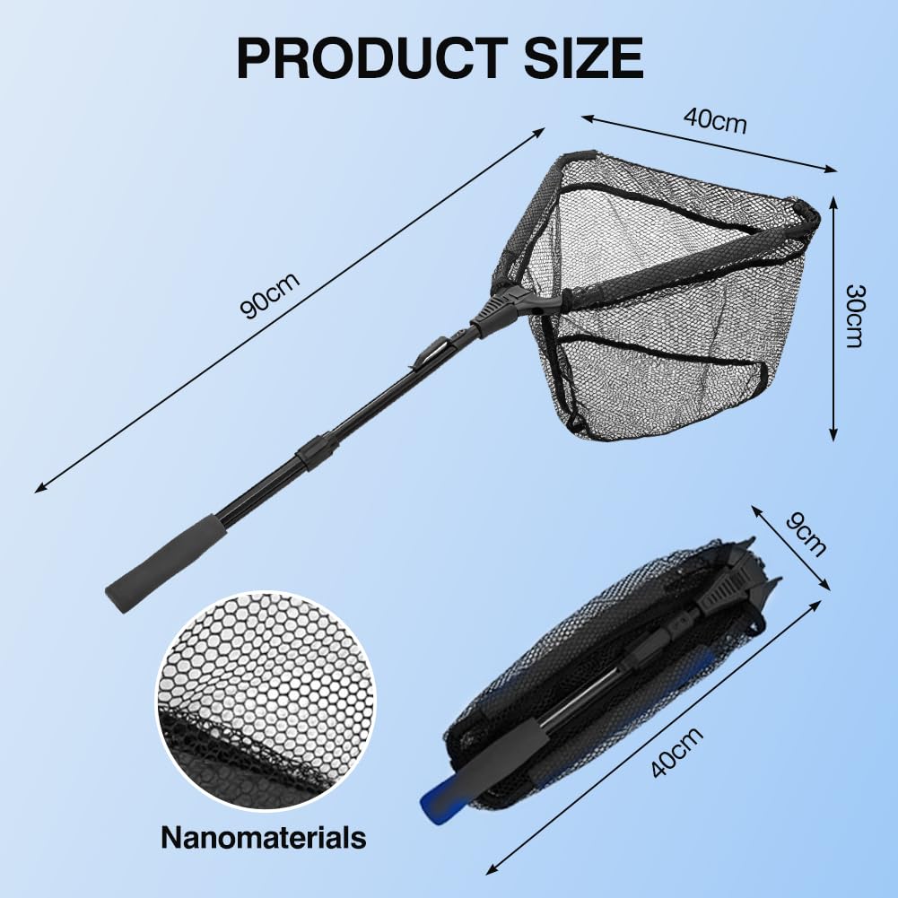 Épuisette de pêche pliable 90 cm - Cadre triangulaire stable - En caoutchouc - Pour étang, ruisseaux, lacs et pêche en bateau