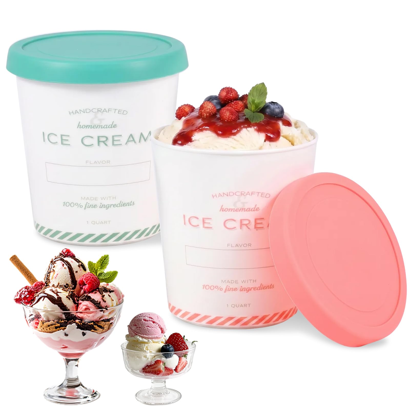 BOBASH 2 Pcs 32oz Ice Cream Containers, Reusable Plastic Freezer Tubs with Silicone Lids, 950ml Food Storage Boxes for Homemade Gelato Yogurt Smoothie Soup(Green+pink-2PCS-950ml/32OZ)