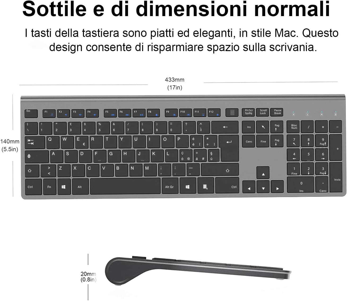 JOYACCESS Tastiera Wireless Ricaricabile, 2.4G Tastiera QWERTY Full Size, Compatta, Ergonomica Tastiera per PC, Laptop, Mac e Smart TV, Compatibile per Windows 10 / XP / 7/8 / Vista
