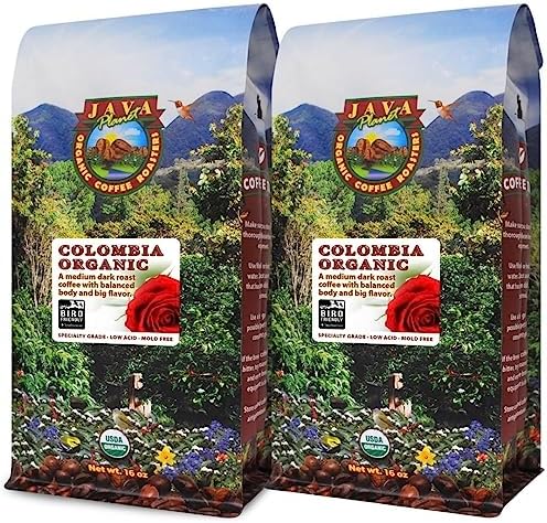 Java Planet Low Acid Coffee, Organic Colombian Single Origin: Whole Bean Medium Dark Roast - Smooth Full Flavored Coffee Bean, Two 1LB Bags