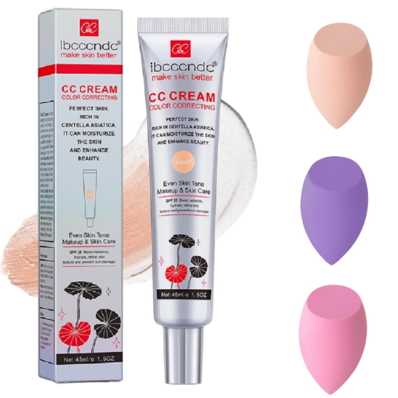 FEJYTOR Color Correcting CC Cream With 3 Powder Puffs, Invisible Pores Cream Foundation And Invisible Pores Concealer,CC Cream Foundation Rich In Centella Asiatica, SPF 25 Sunscreen Moisturizing LIGHT