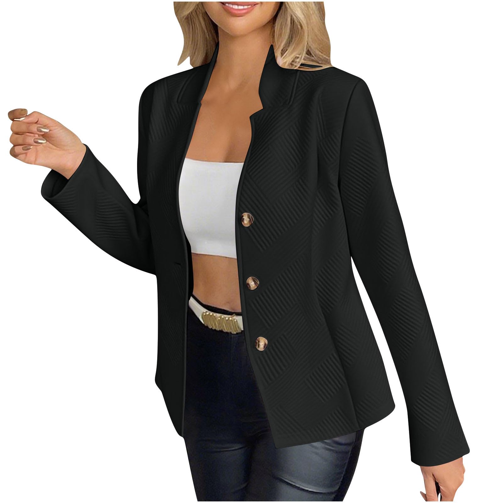 JOAU Dressy Casual Textured Blazers for Women Lightweight Long Sleeve Button Down Open Front Business Office Work Suit