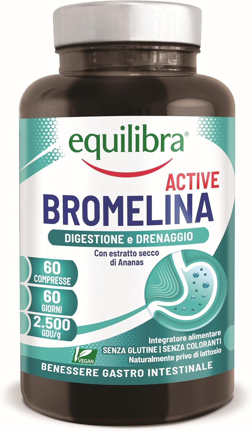 Equilibra, Bromelina Active, 500 mg | 2500 GDU/​g, 60 Compresse Vegan per 2 Mesi, Bromelina Forte, Funzione Digestiva e Drenante, Contrasta la Sensazione di Pesantezza delle Gambe