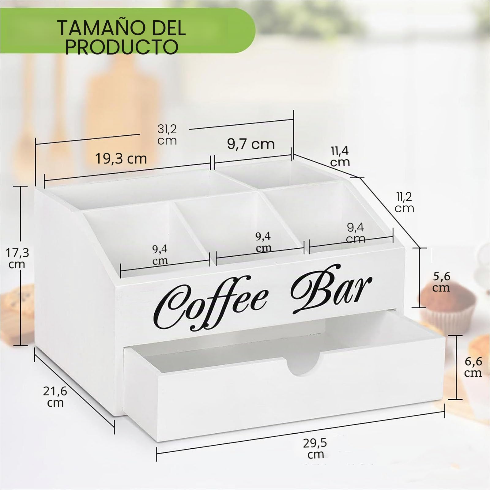 Organizador de Café y Té-Caja de Madera para Accesorios de Cafetera-Infusiones -Bandeja de Madera 1 Cajón para Infusiones, Azucarillos, Tazas, Cápsulas, Blanco