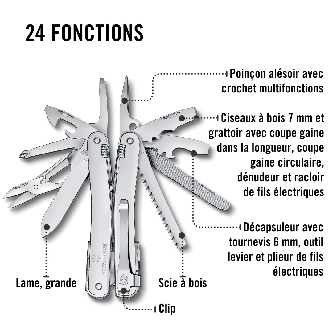 VICTORINOX Couteau Suisse Swiss Tool Spirit MX Clip, 24 Fonctions, Outil Multifonction, y c. Pince, Tournevis, Ouvre-Boîtes, Argent