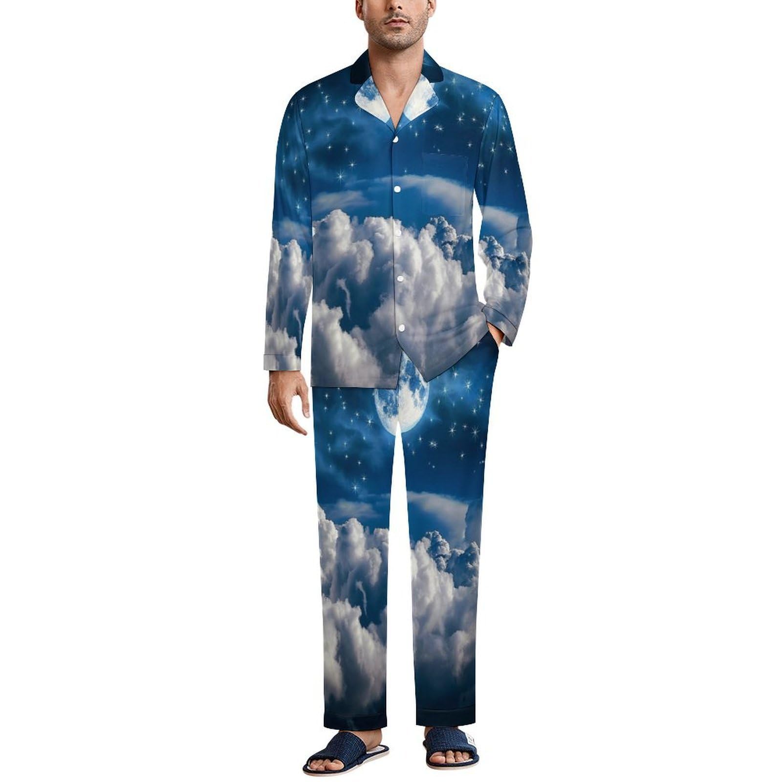 Pigiama da Uomo in Luna Piena nel Cielo Notturno, Due Pezzi Set Completo con Camicia a Maniche Lunghe Bottoni e Pantaloni con Tasche Abbigliamento Casa Blu Scuro