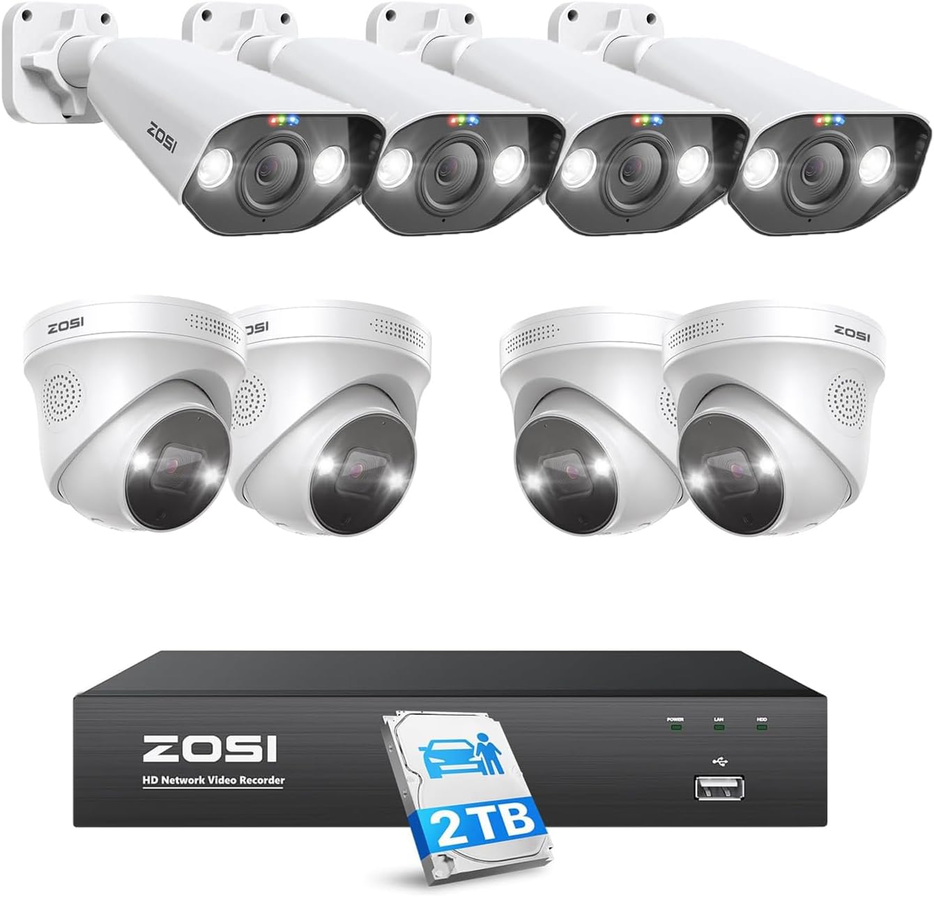 ZOSI 8MP/4K Spotlight PoE Security System: 16CH NVR with 2TB HDD, 4X 5MP Outdoor Cameras + 4X 5MP Add-on Cameras, Person/Vehicle Detection, 2-Way Audio, Color Night Vision.
