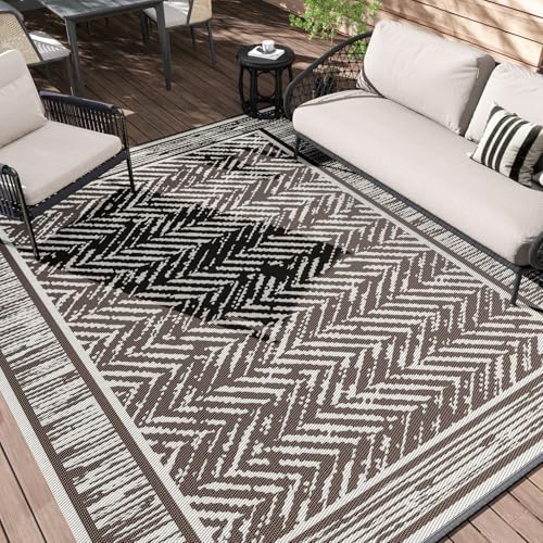 SIXHOME Alfombra de Exterior 150 * 240cm, Alfombra de Jardín Reversible Impermeable Lavable Resistente a Los Rayos UV Portátil Plegable, Marrón y Beige