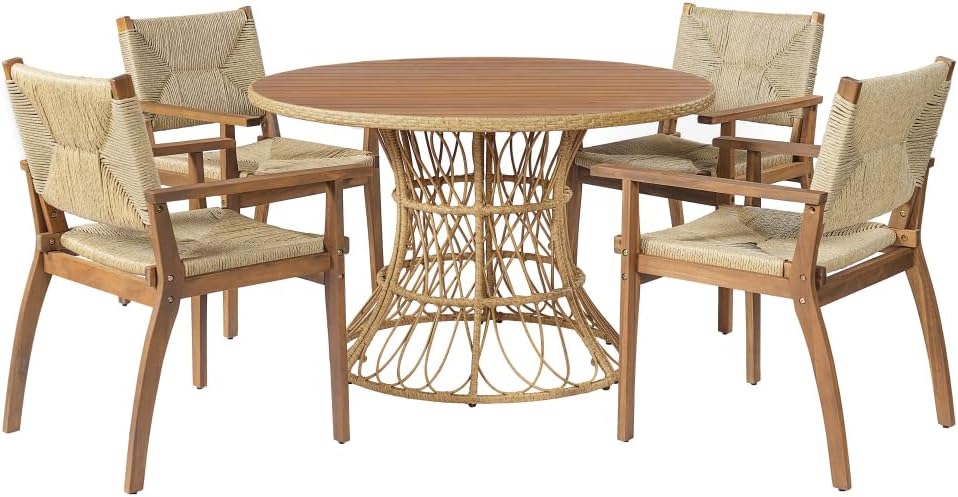Outdoor Dining Table for 4-6 Person with Round Acacia Wood Top and Wicker Base, Teak Finish Patio Garden Furniture Set Compatible with Matching Chairs