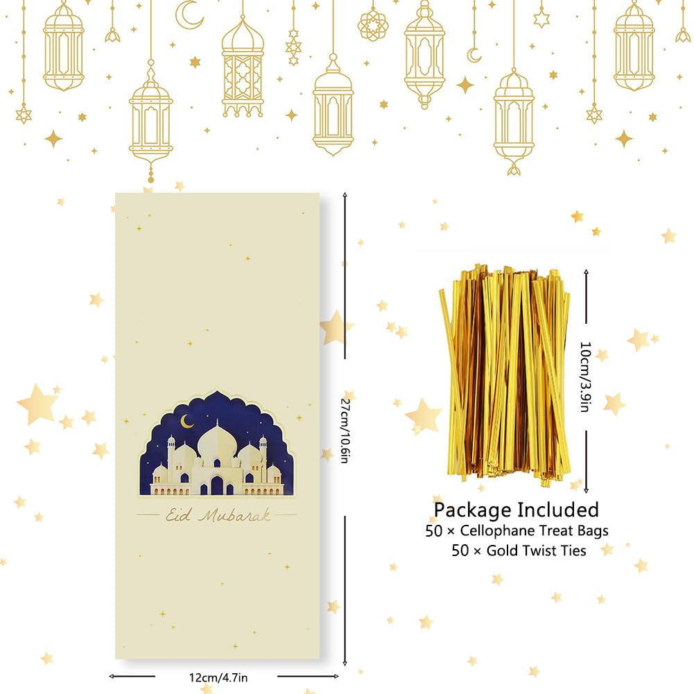 Eid Cellophane Treat Bags 50 PCS,Ramadan Mubarak Plastic Candy Bags with Twist Ties,Eid Moon Castle Gift Bags Party Favor Bags For Islamic Muslim Eid Mubarak Party