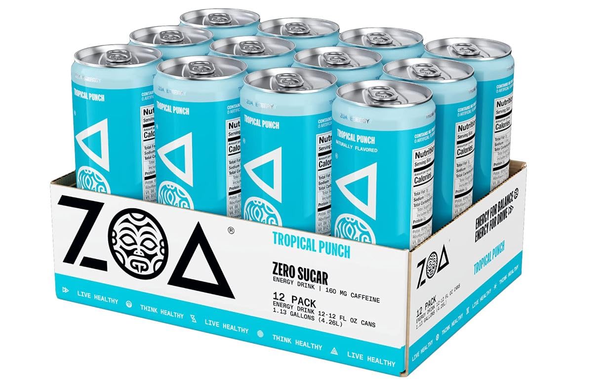 ZOA Zero Sugar Energy Drinks, Tropical Punch - Healthy B-Vitamins, Vitamin C, 210mg of Natural Caffeine - 16 Ounce (Pack of 12)